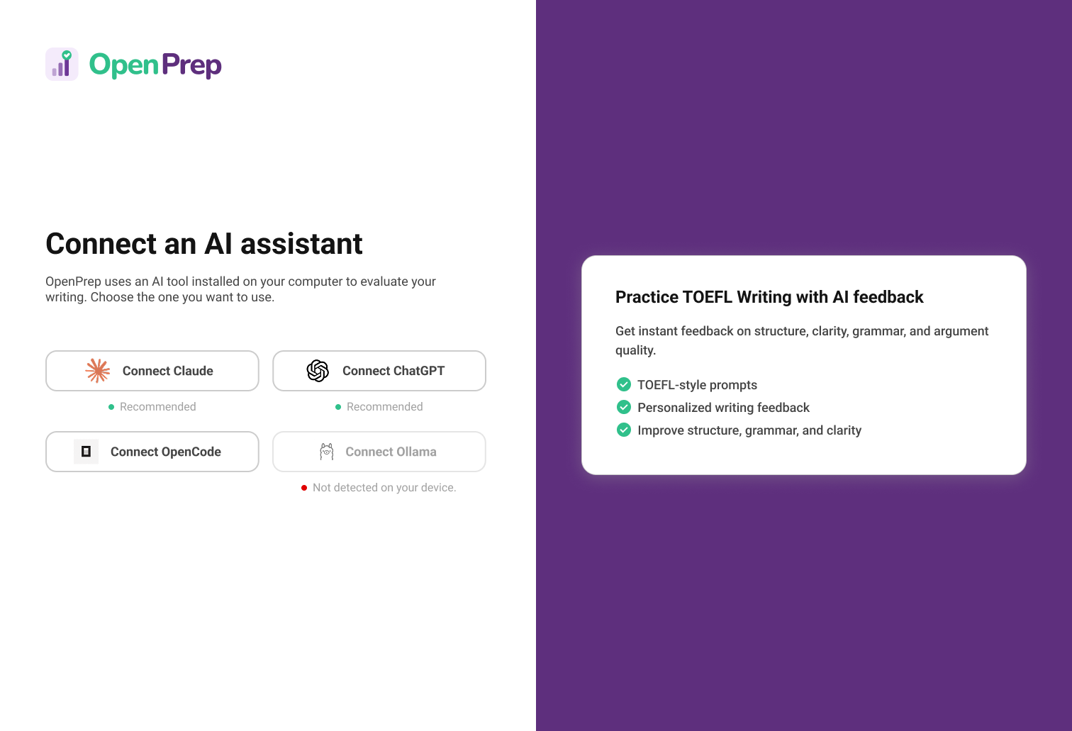 OpenPrep AI tool picker connecting to ChatGPT, Claude, OpenCode, or Ollama