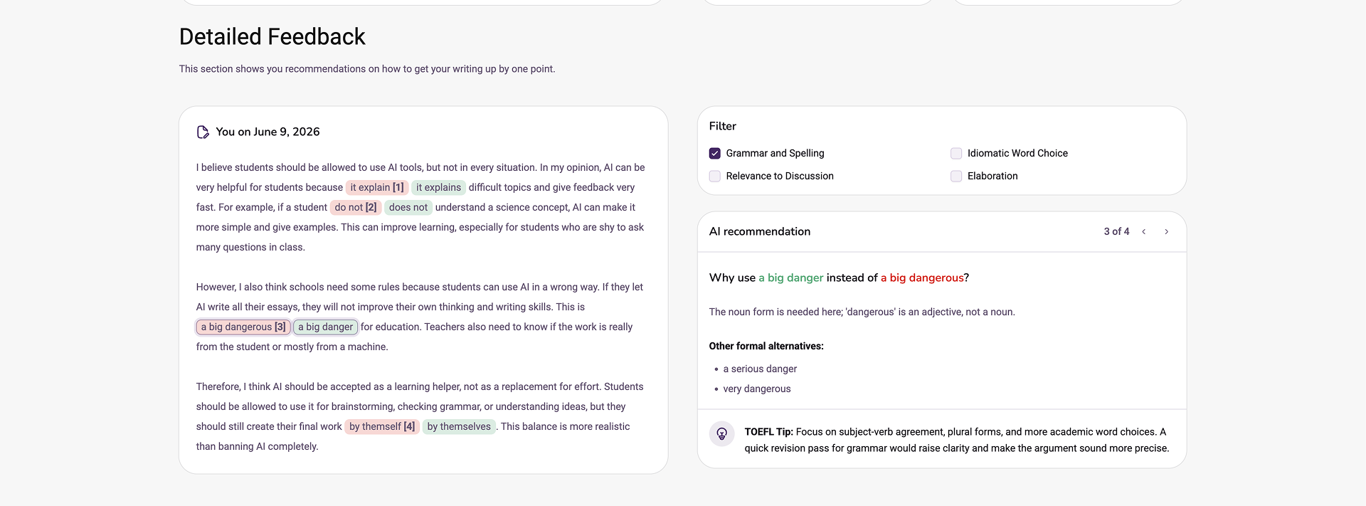 OpenPrep phrase-level writing feedback showing highlighted suggestions and formal alternatives