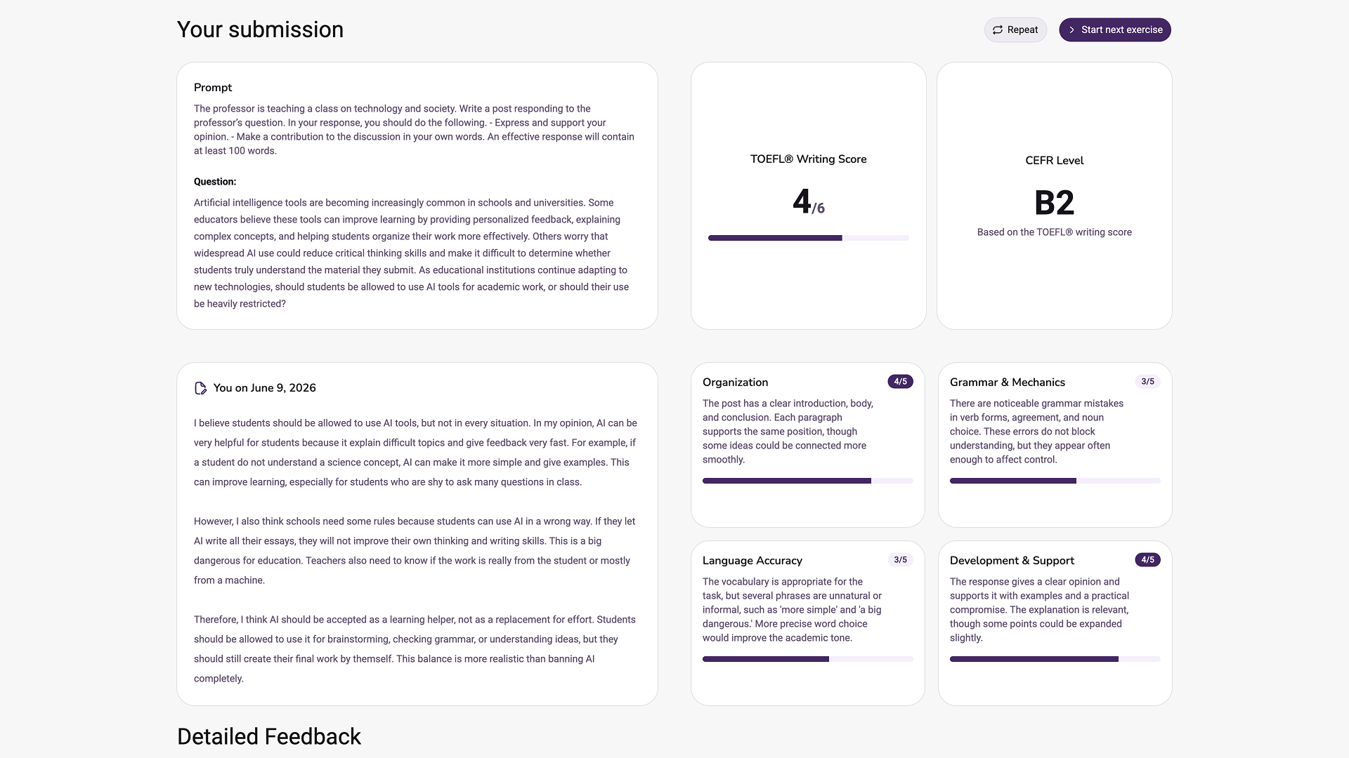 OpenPrep TOEFL Writing feedback dashboard with overall score, CEFR level, and criterion subscores