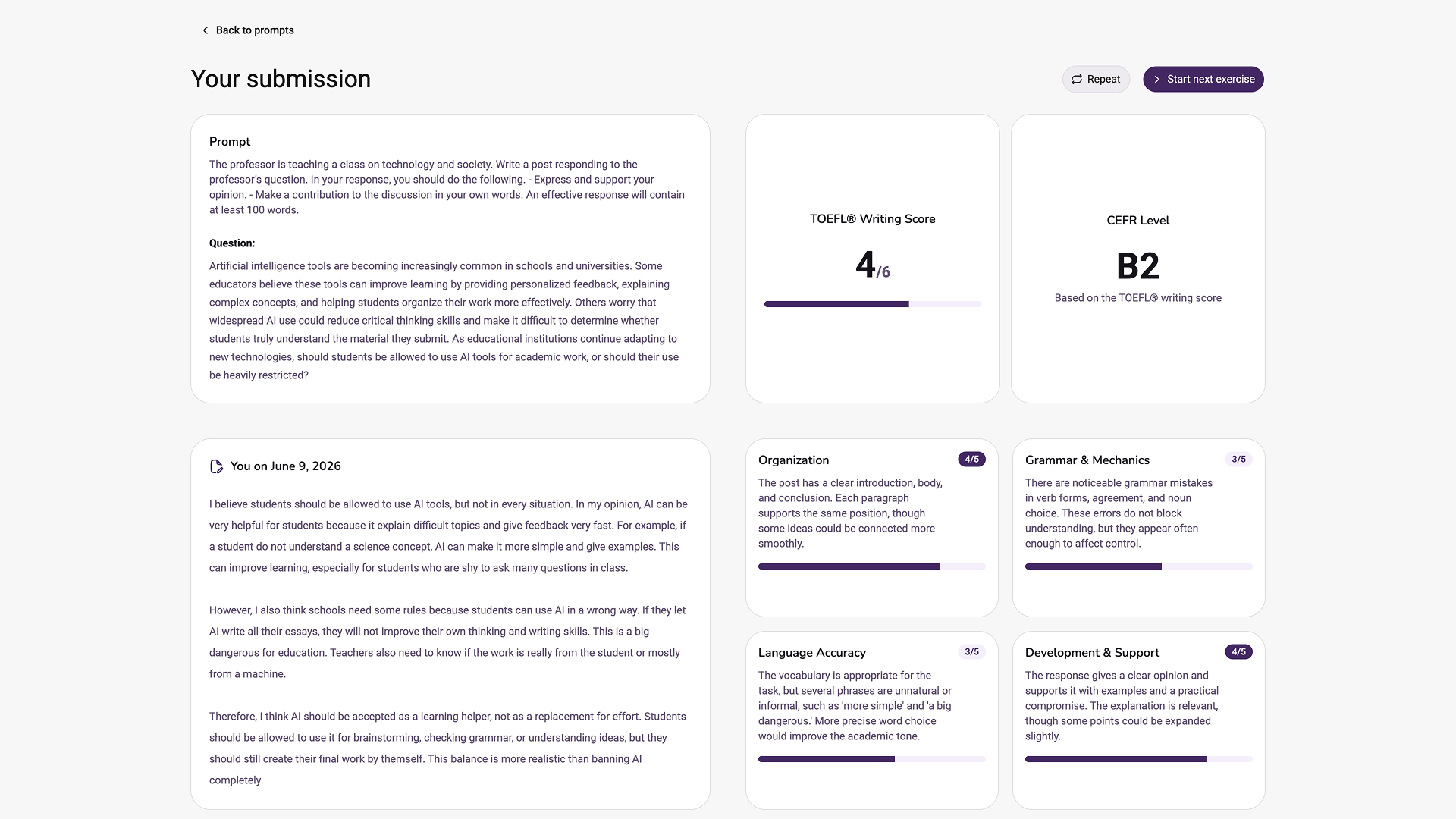OpenPrep structured TOEFL Writing feedback overview with scores and criterion breakdown