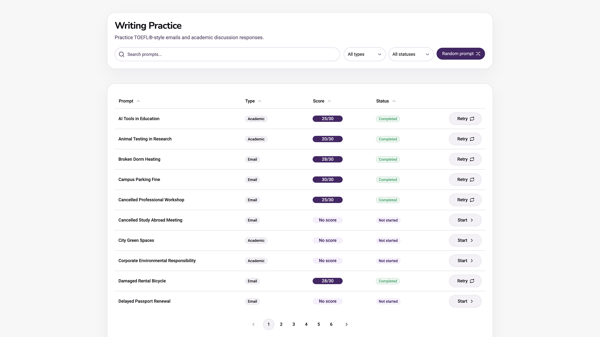 OpenPrep curated TOEFL Writing prompt catalog showing academic discussion and email tasks