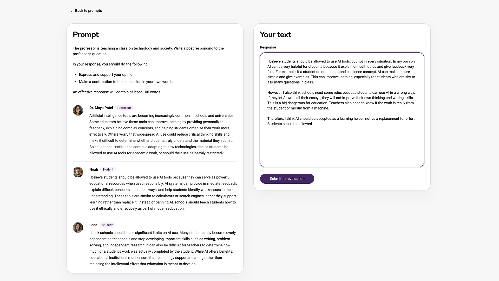 OpenPrep TOEFL Writing practice workspace with prompt and response editor